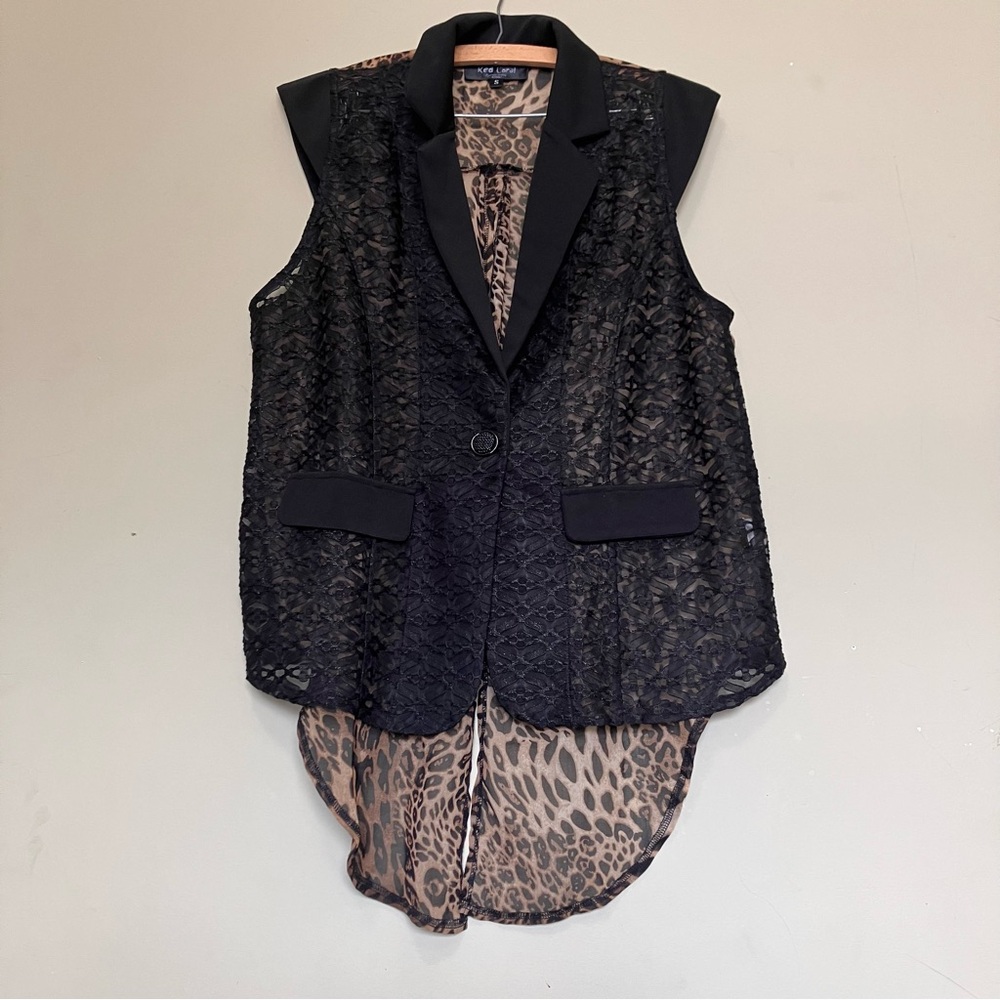 Red Coral Black Lace Leopard Print Sleeveless Blazer Vest High Low Women’s Small